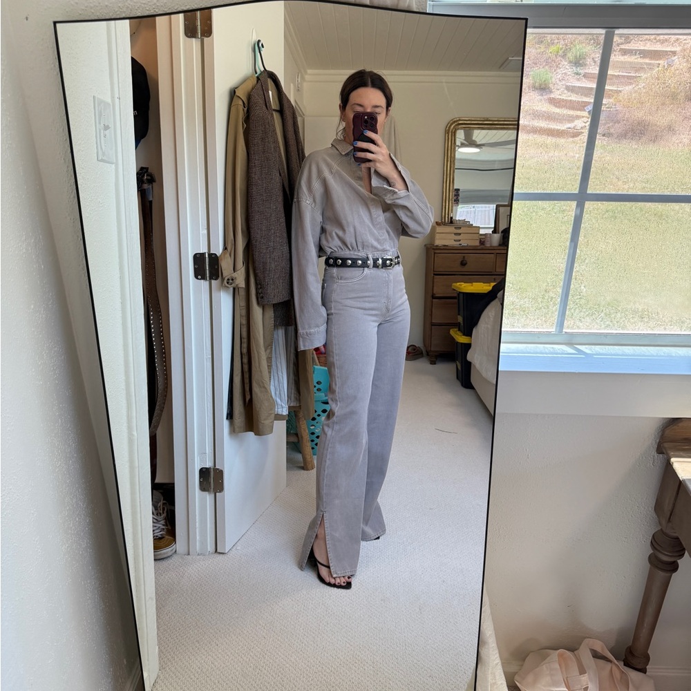 Zara Light Gray Wide-Leg Jumpsuit with Button Front
